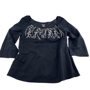 Ann Taylor Women's Blouse size Large Linen Blend Navy Blue 3/4 Sleeves embroider